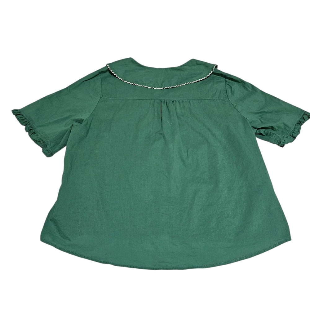 Vintage Green Blouse Short Sleeve Lightweight Romantic Peter Pan Collar - Picture 2 of 13